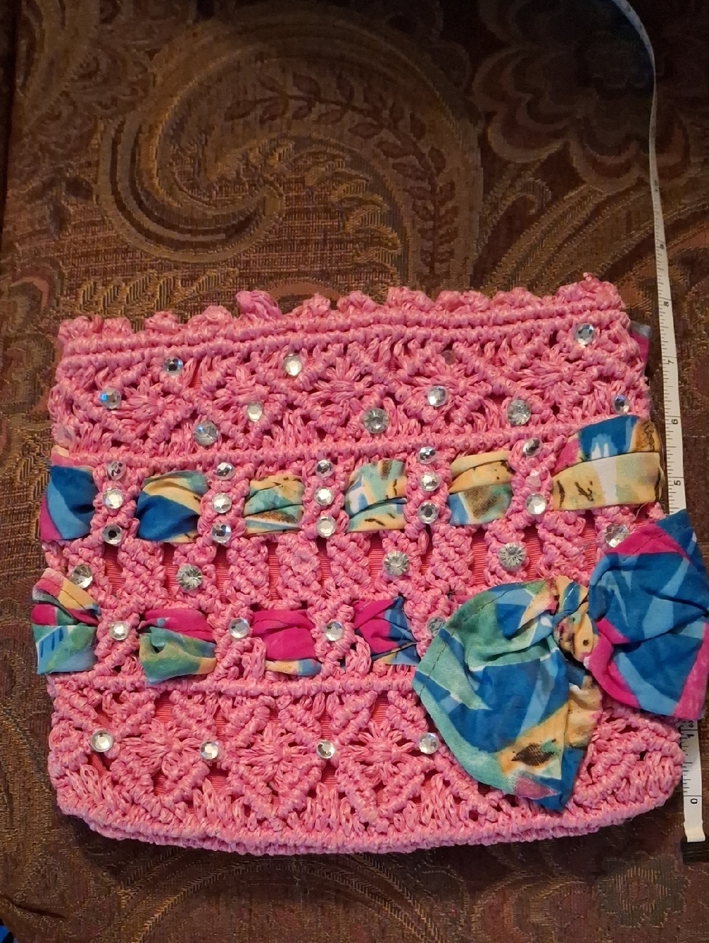Magid Pink Crochet Beaded Clutch with Multicolor Bow Detail